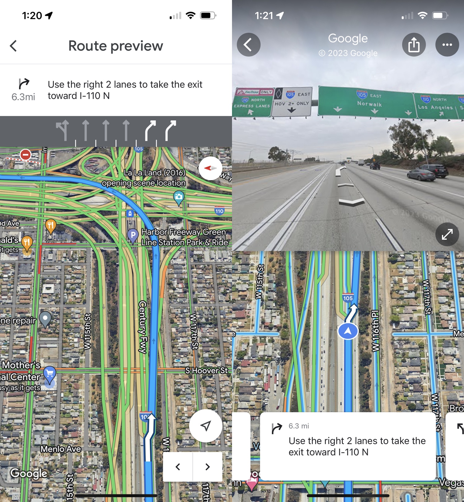 Google Maps view of the reverse direction from 105 E at the interchange.