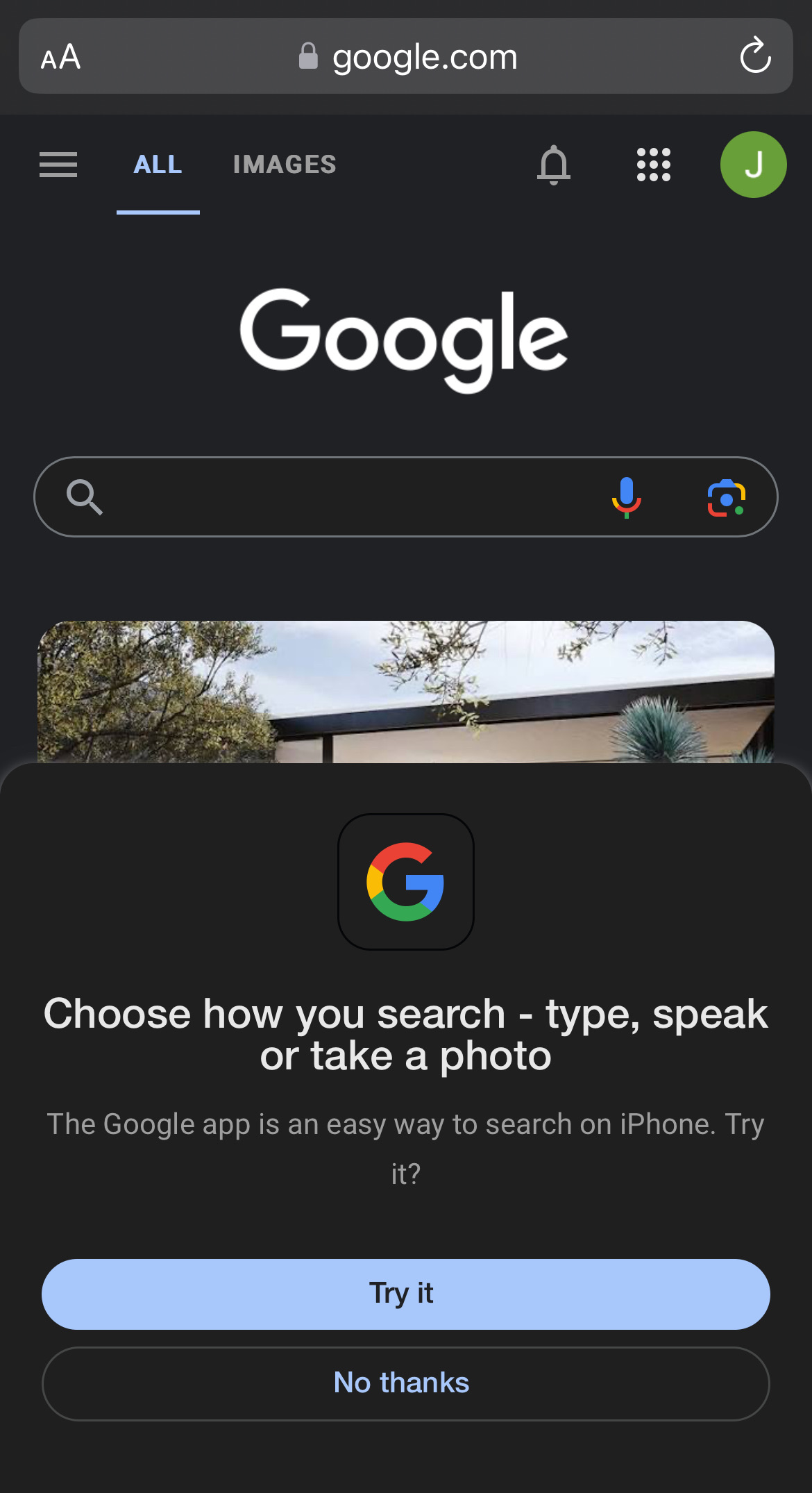A screenshot of Safari on iOS showing the Google homepage with a modal overlay asking the user to try the iOS Google app.