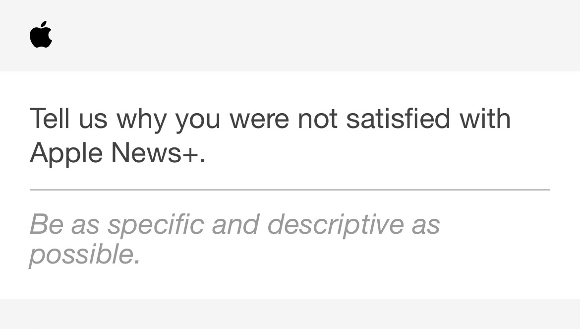 a screenshot of an Apple survey about News+ asking the person taking the survey to be as specific as possible.