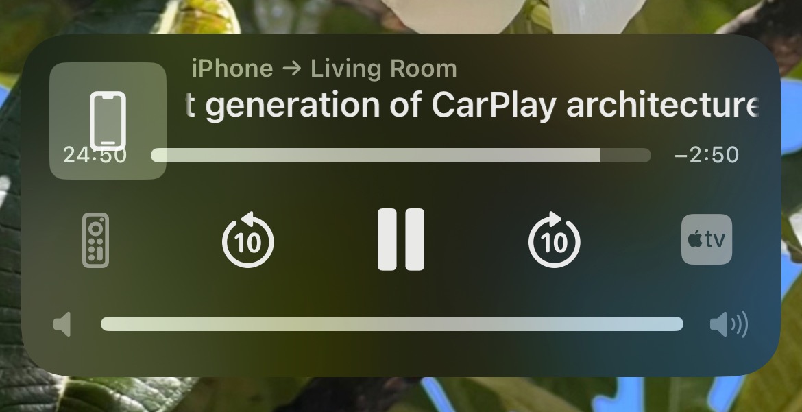 Screenshot of iOS lock screen showing a semi-transparent player control set with the time and playback position slider composited over or under the thumbnail image of the phone with the video title.