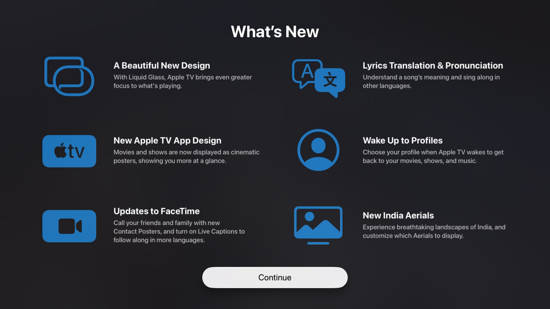 A screenshot of the tvOS 26 splash screen showing new features. 'A beautiful new design. Lyrics Translation & Pronunciation. New Apple TV App Design. Wake Up to Profiles. Updates to FaceTime. New India Aerials.'