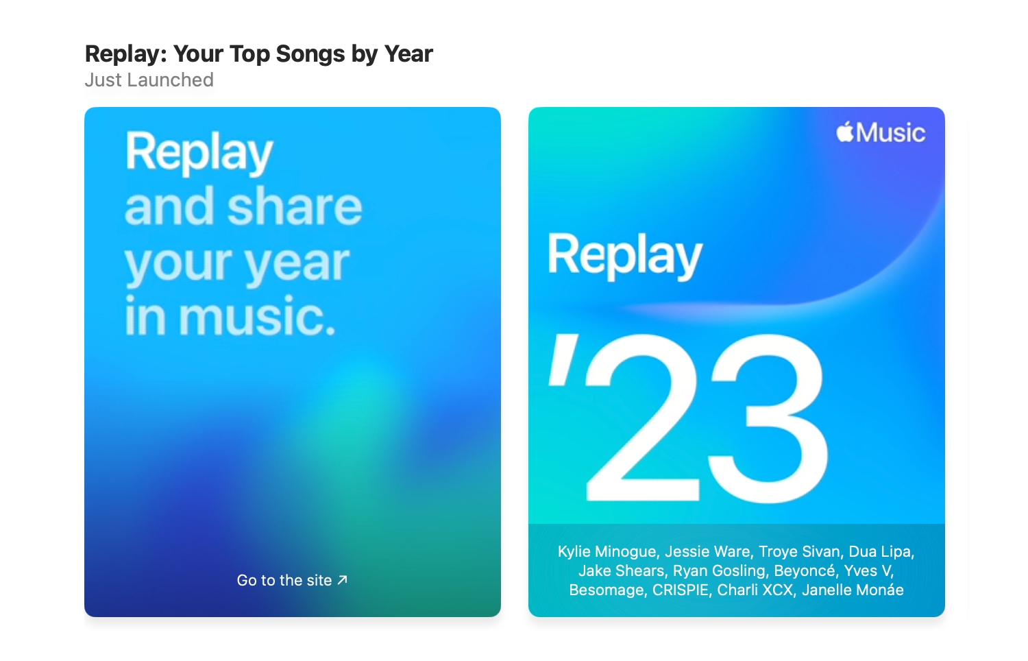 screenshot of the Apple Music interface showing two interface tiles. The first is to open Replay in a browser and the other is to listen to the Replay '23 Playlist.