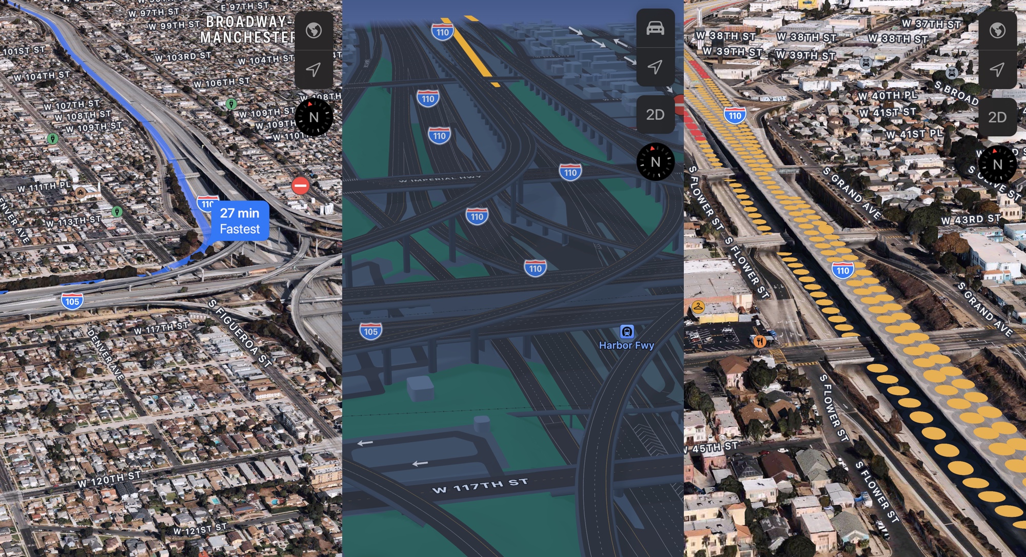Apple Maps views of the 105, and 110 interchange and elevated sections