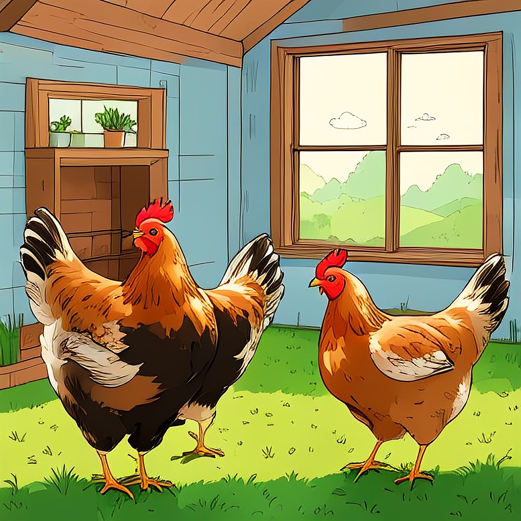 An “illustration” style image from Image Playgrounds. On the screen right is what app are to be a brown and white rooster with a red comb. It is facing screen left. Screen left is several components of chickens melded together with three legs, branching toes, two butts, and one head with a cropped beak. The roosters are on a green grass field indoors. The walls are windows and book cases that start and stop in unlikely places. Through the window you can presumably see outdoors with trees and clouds.