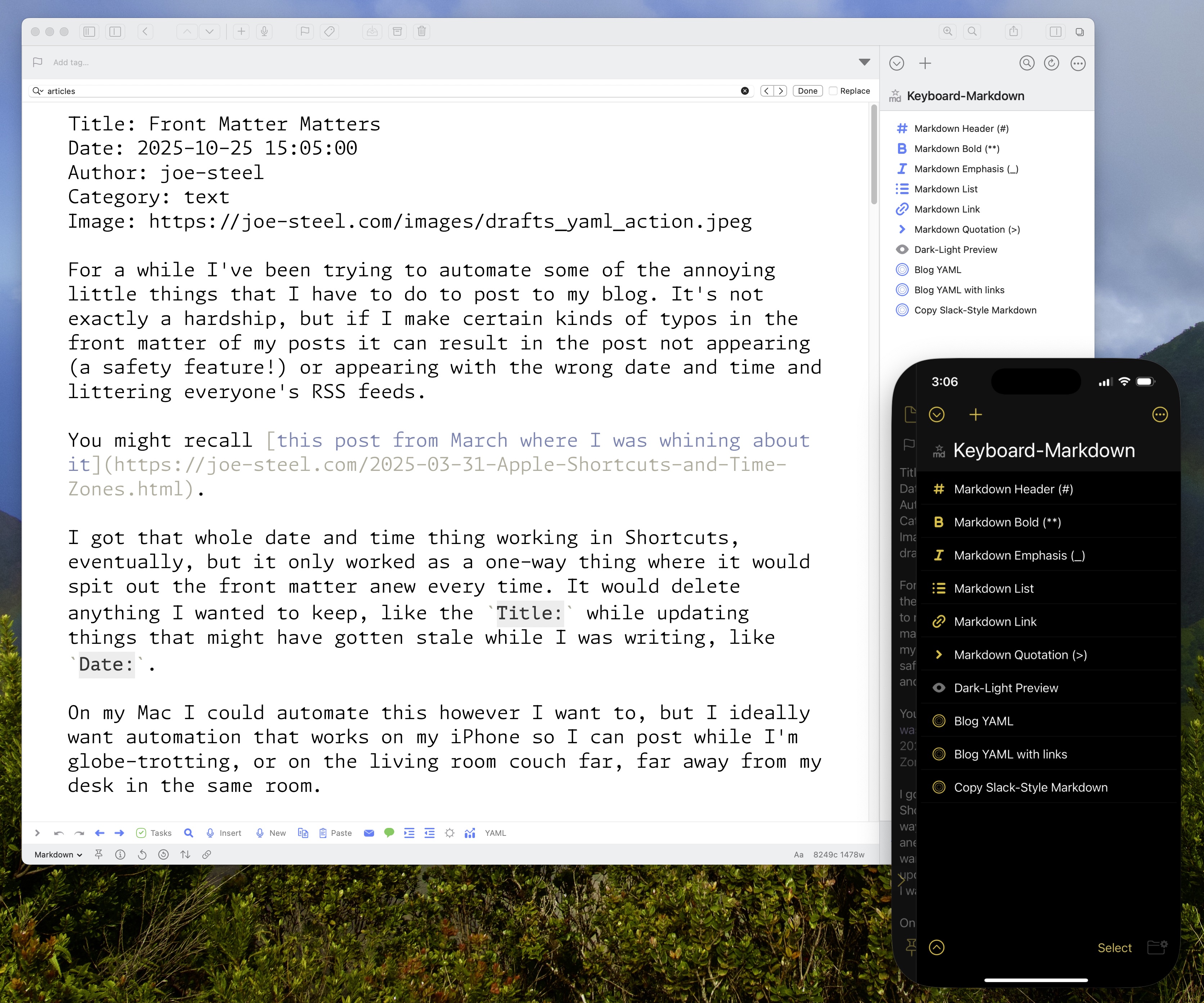 A screenshot of macOS showing a Drafts for Mac window, and iPhone Mirroring showing the Drafts for iOS version. Both have the Drafts actions panel open and show the 'Blog YAML' and 'Blog YAML with links' actions.