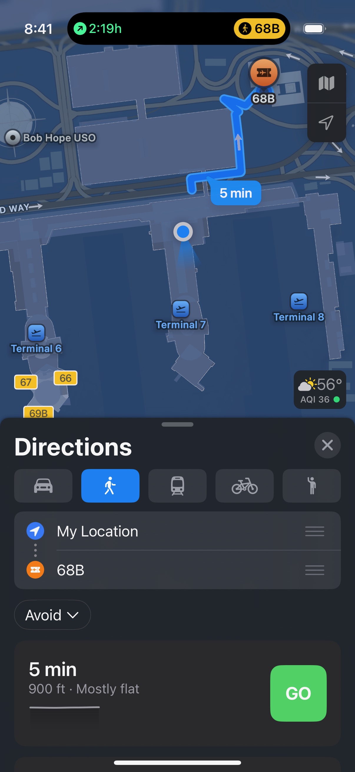 A screenshot of the Apple Maps interface with directions to gate 68B. The directions are useless and the location it's showing is incorrect.