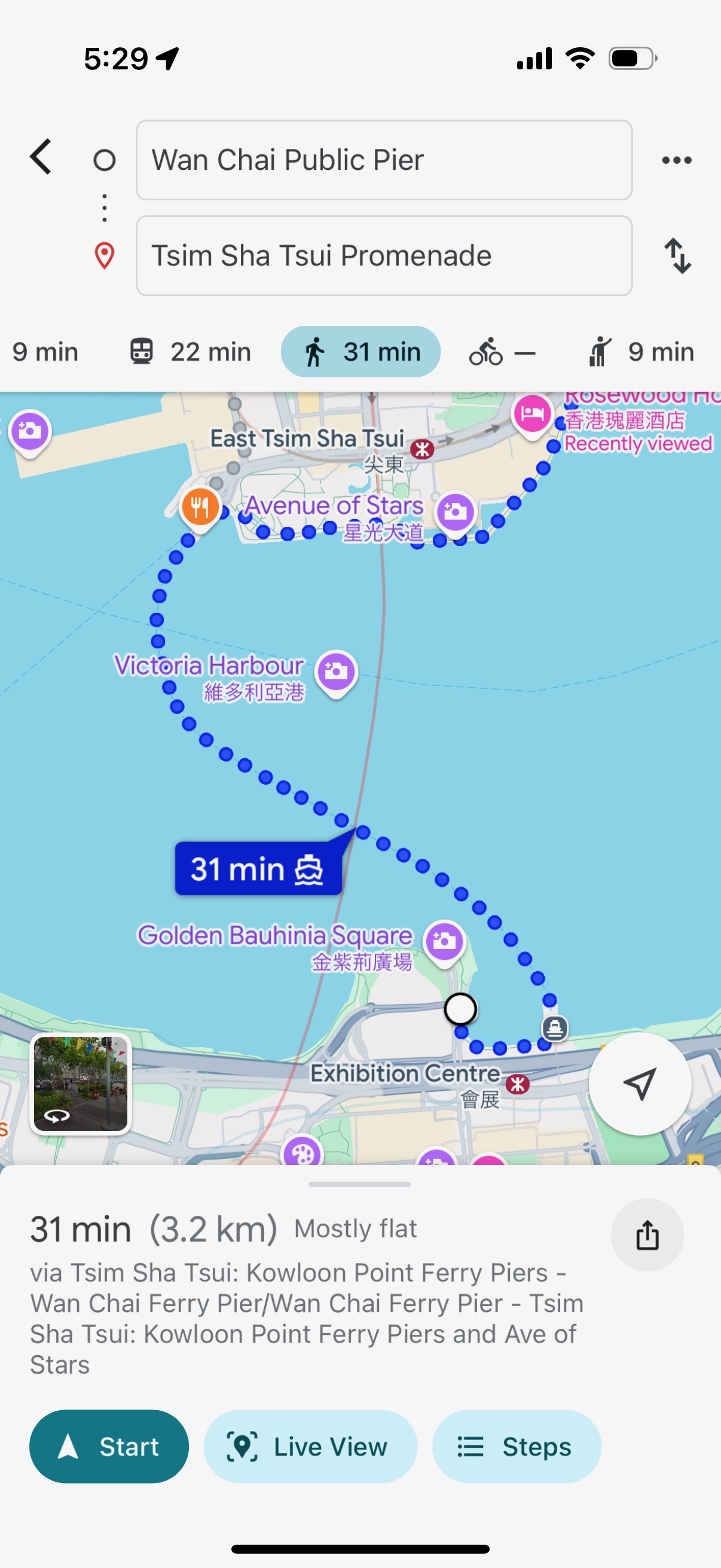 A screenshot of the Google Maps interface showing walking directions fromo Wan Chai Public Pier to Tsim Sha Tsui Promenade.