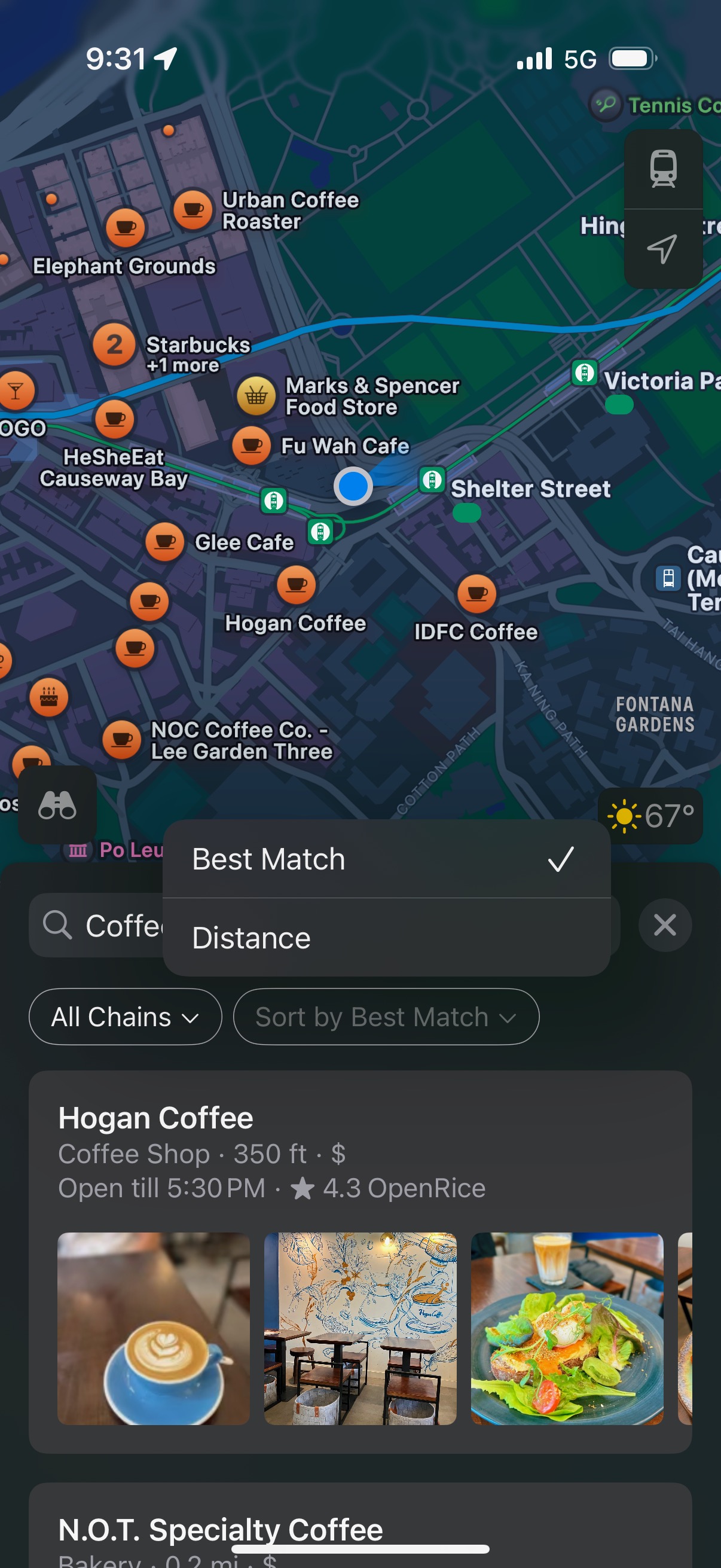 A screenshot of the Apple Maps interface on an iPhone showing a map of Causeway Bay with a lot of little orange dots with coffee shops. The drawer in the bottom of the interface shows a list of those places, and it can be sorted by either distance or best match.