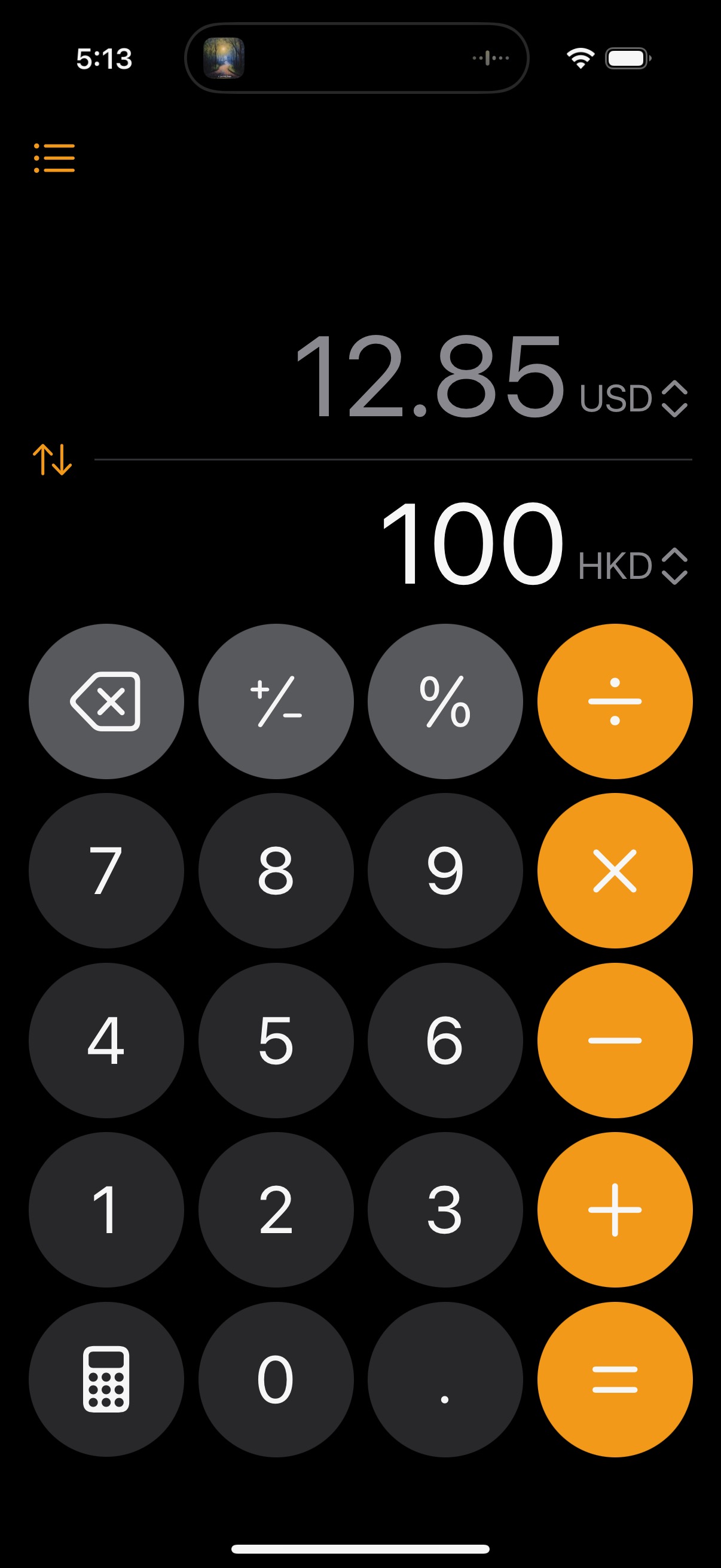 A screenshot of the iOS 18 Calculator app in currency conversion mode from 100 HKD to 12.85 USD.