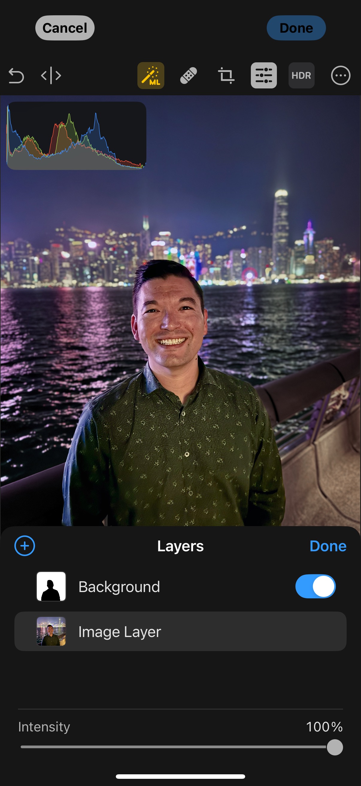 A photo of the Photomator interface for iOS showing a photo of a man (Jason) smiiling by the water with the Hong Kong skyline behind him. The lower part of the interface shows the background matte adjustment later.