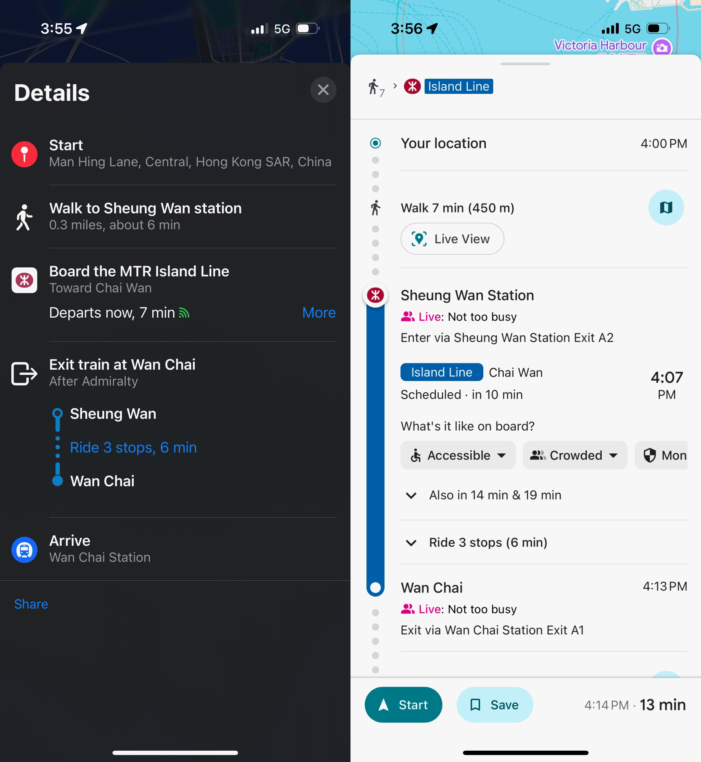 Two screenshots from an iPhone side-by-side. The first is a screenshot of Apple Maps with very spartan directions and information for the MTR. The second screenshot is Google Maps with more detail information including how crowded the train is, and the reported temperature.