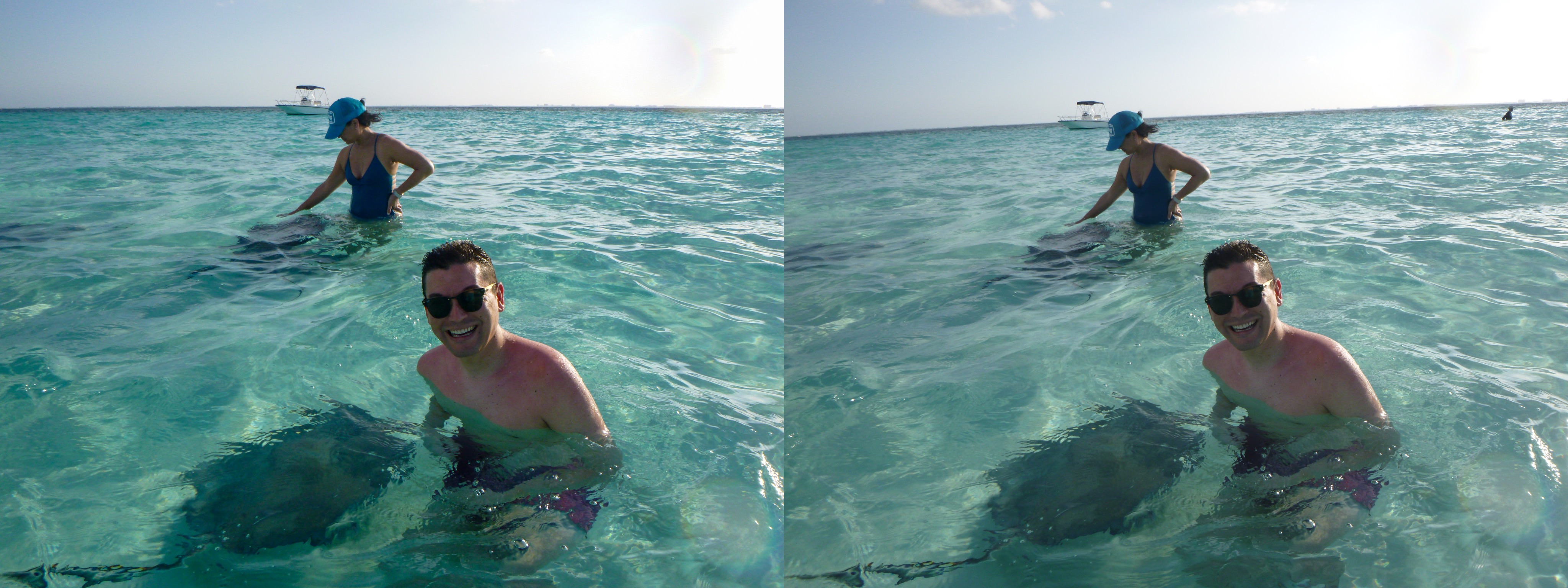 Jason and friend petting stingrays to the screen left side of them in shallow water. Unedited photo next to it with the busted horizon line and some rando I painted out in the edited one.