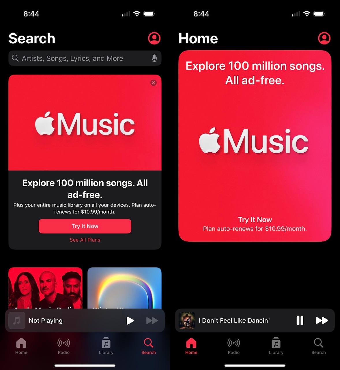 Two side-by-side screenshots of the Music app interface showing ads for Apple Music for the Home tab, and also a dismissable ad in the Search tab.