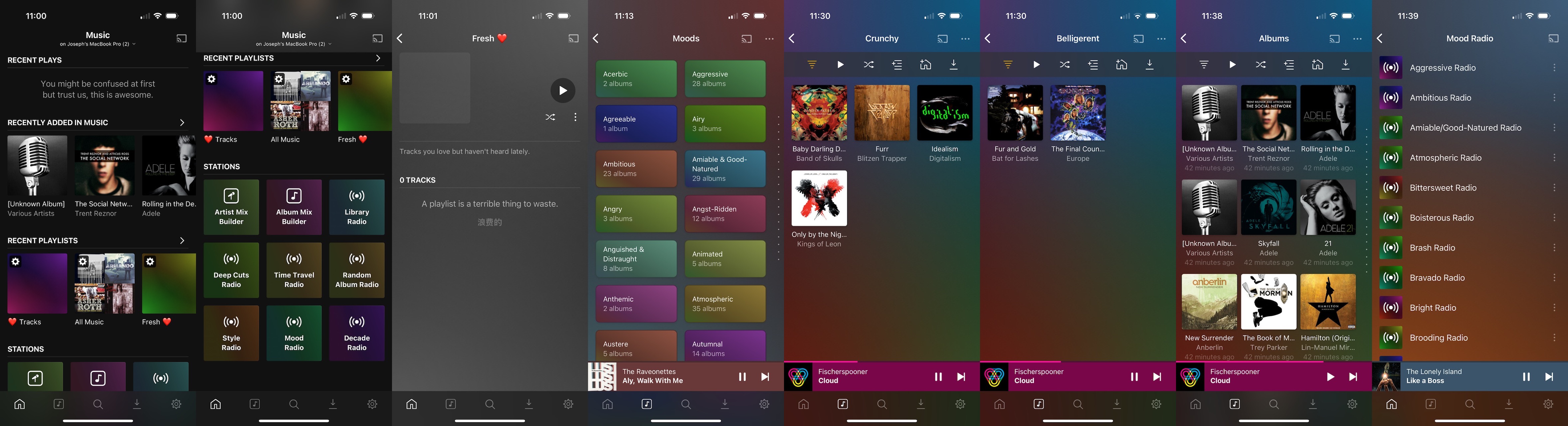 A bunch of screenshots of the Plex UI in a horizontal arrangement. The UI is purple, green, turqoise, brown. The moods are things like 'Crunchy'.