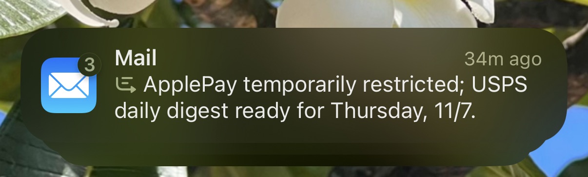 ApplePay temporarily restricted; USPS daily digest ready for Thursday 11/7.