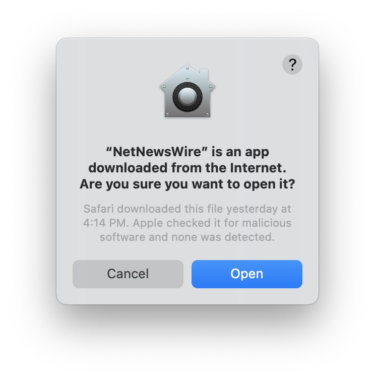 Modal dialog in macOS for NetNewsWire warning that the application was downloaded from the internet but contains no malicious code