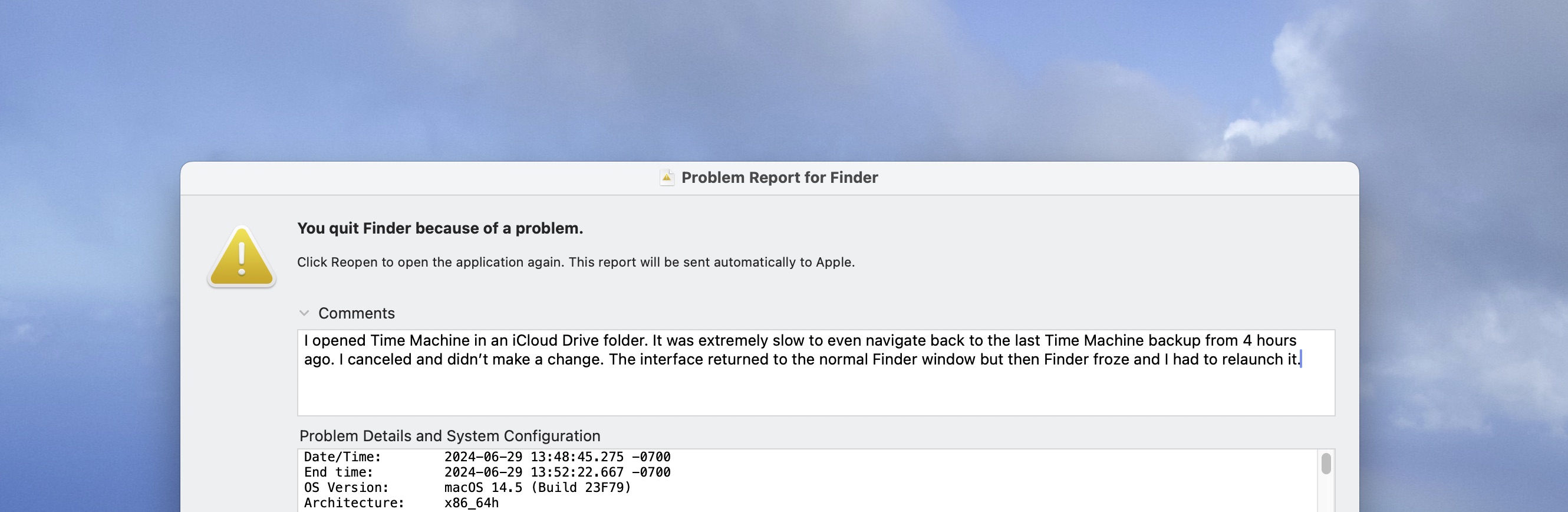 A screenshot of the crash report dialog for the Finder with an explanation of how opening Time Machine in an iCloud Drive folder crashed it.
