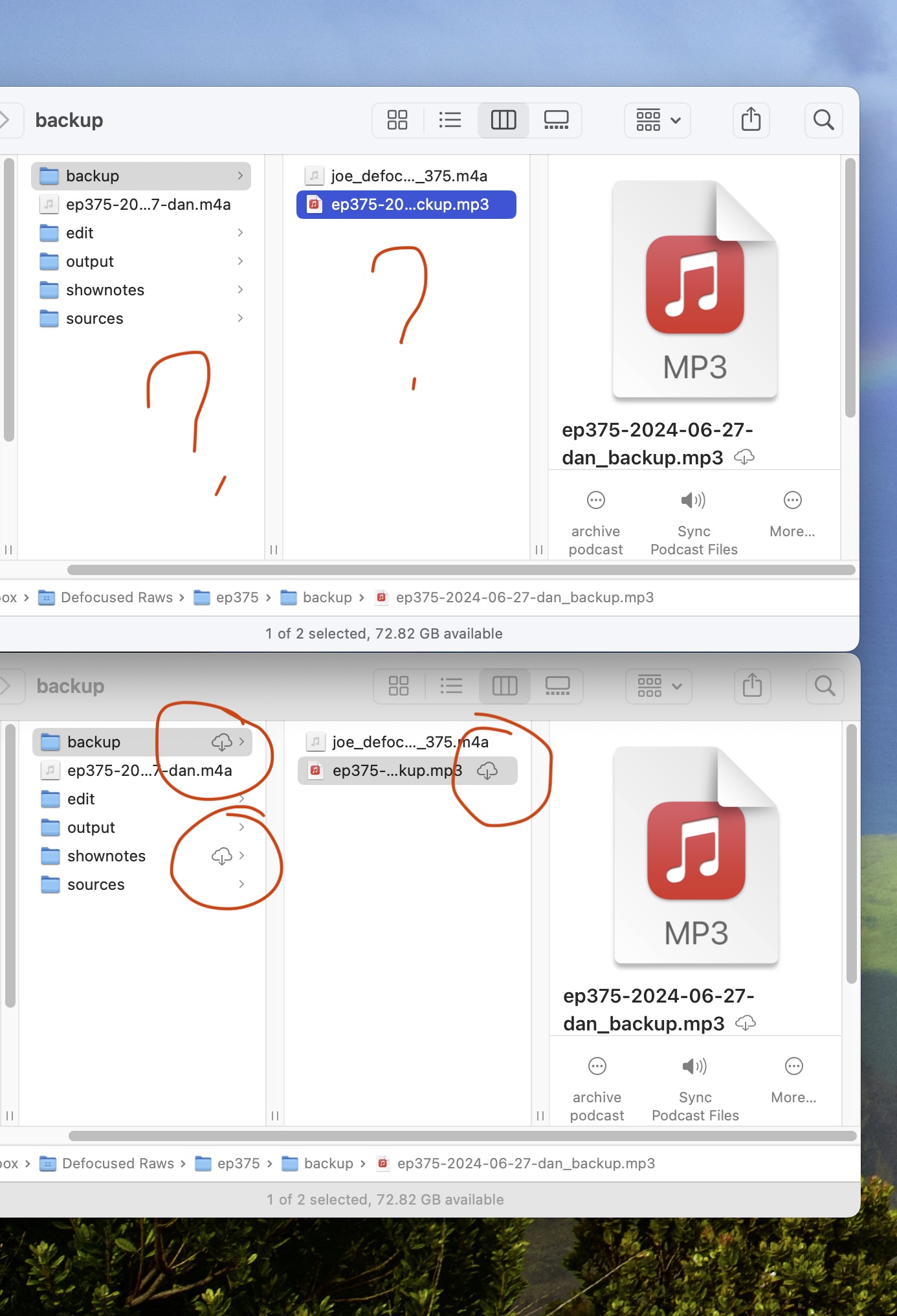 A screenshot of two Finder windows in column view mode. The top one doesn't have any cloud download icons, and the bottom one does.