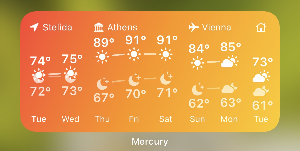 A screenshot of the iOS widget for Mercury Weather showing the 8 day forecast across the trip in Greece, Vienna, and Los Angeles.