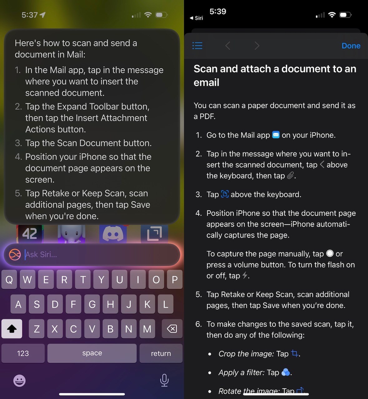 Two side-by-side screenshots of Siri's instructions vs. the linked instructions from the Tips app that don't match.