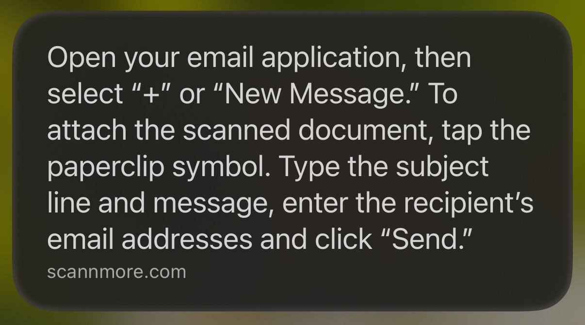 The modal overlay from Siri showing the instructions from scannmore.com