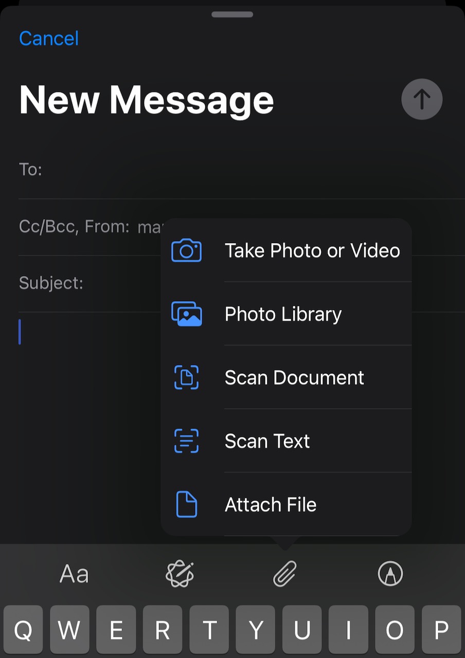 A screenshot of the iOS Mail client showing the expanded paperclip attachment menu, and Scan Document