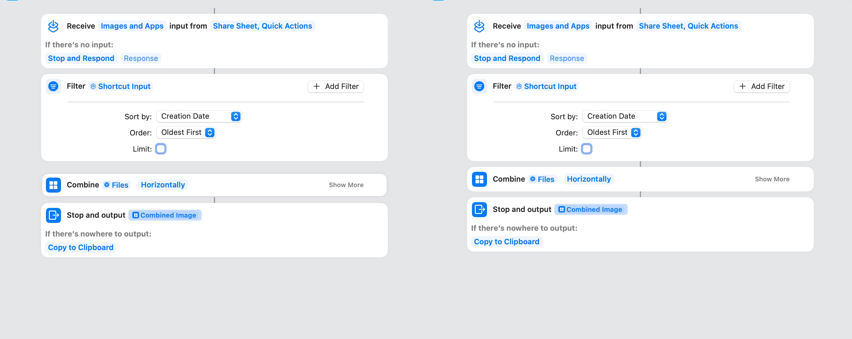 A side-by-side set of two screenshots showing the same Shortcut set. They are identical, except the one on the left does not have an upstream connection, even though it references the upstream variable name.