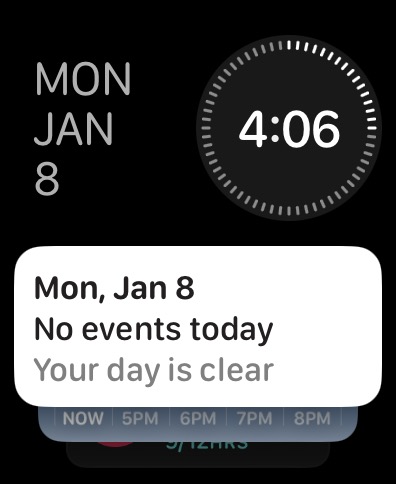A screenshot of the Apple Watch Siri card stack. It shows the date, the time, and “Mon, Jan 8 No events today. Your day is clear”