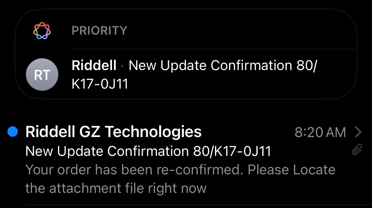 Screenshot of the iOS Mail app cropped to show the Priority label and summary, along with the message in the inbox, which is obvious spam telling me to do something with an attachment.