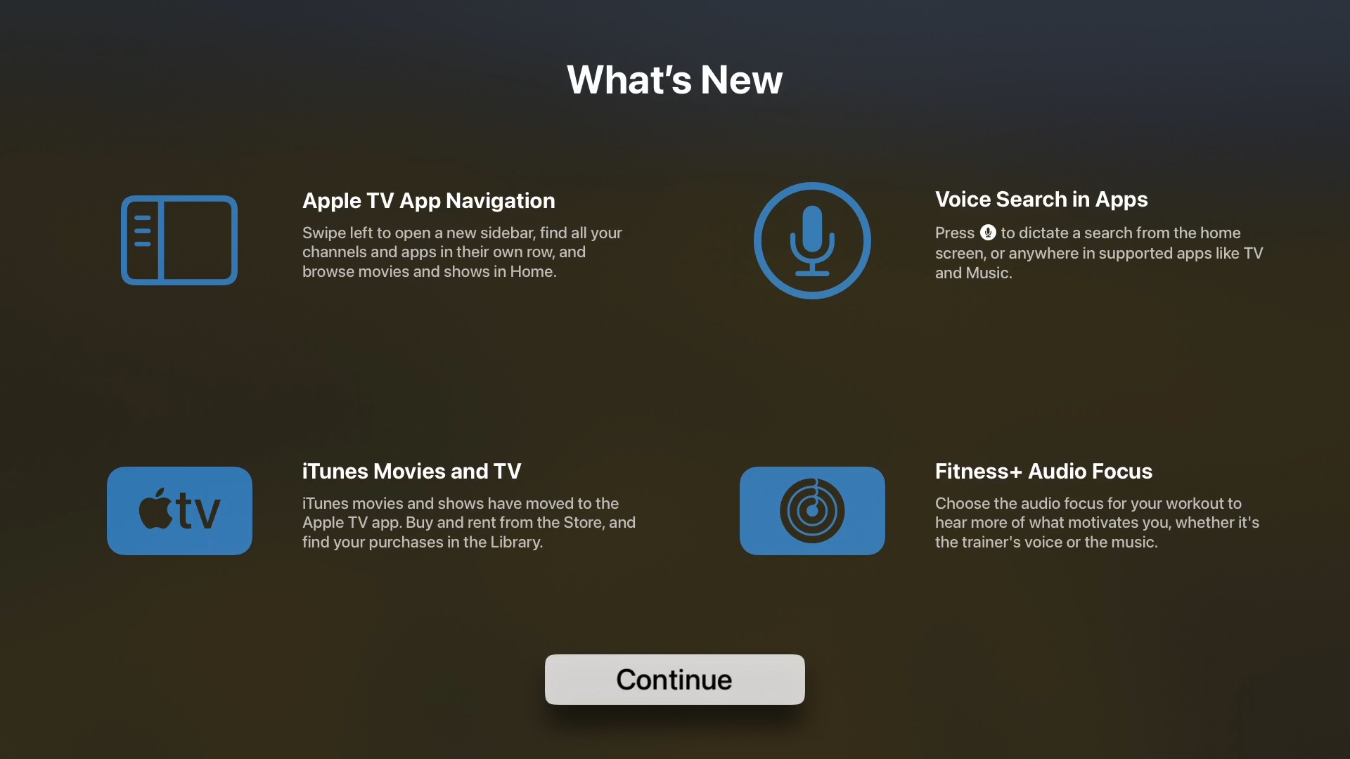Screenshot of the tvOS splash screen showing the new features of tvOS 17.2