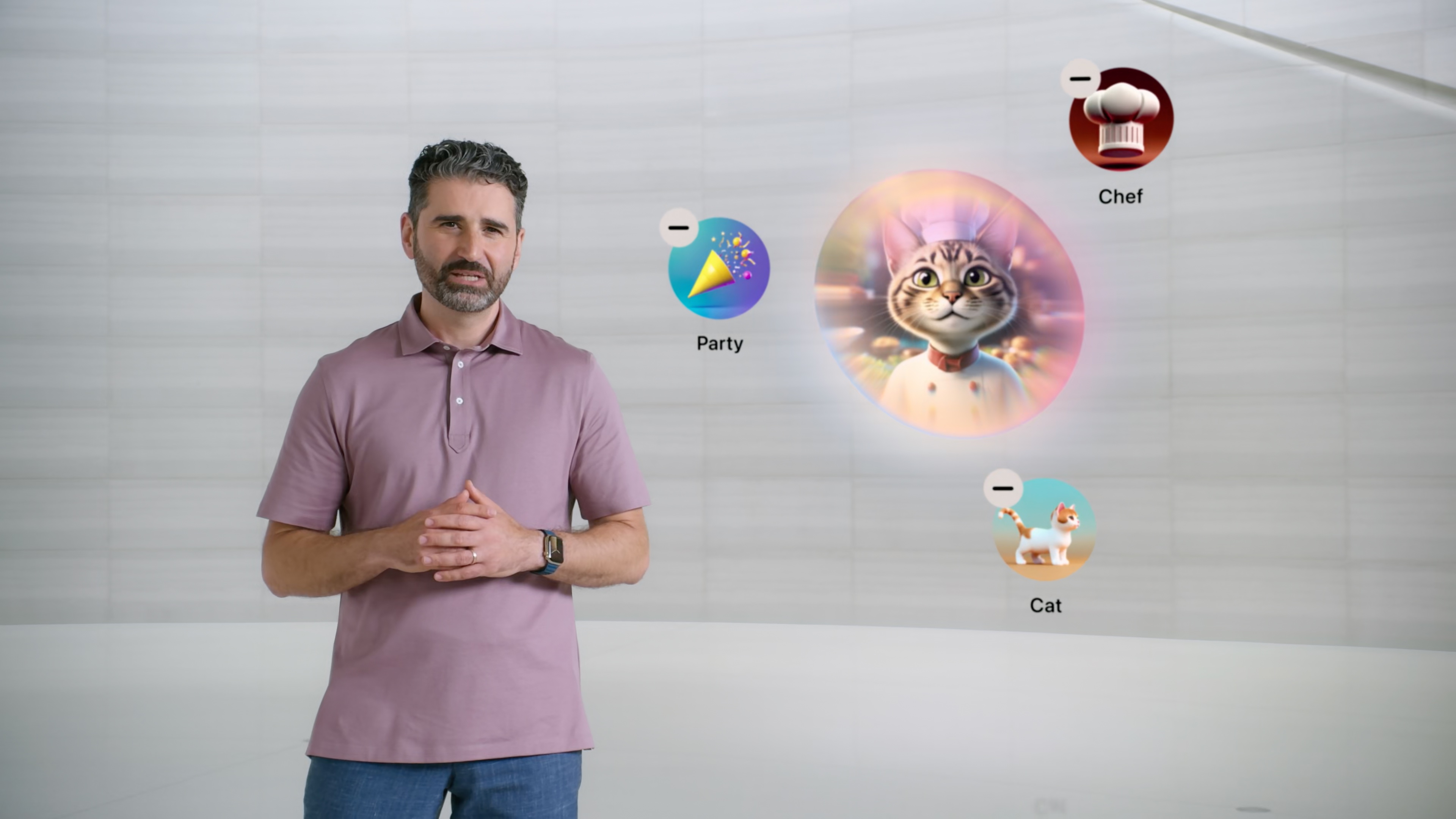 a screenshot from the WWDC keynote from the image playground section showing a glowing blob with a Dall-E looking cat dressed like chef. Zero party visible.