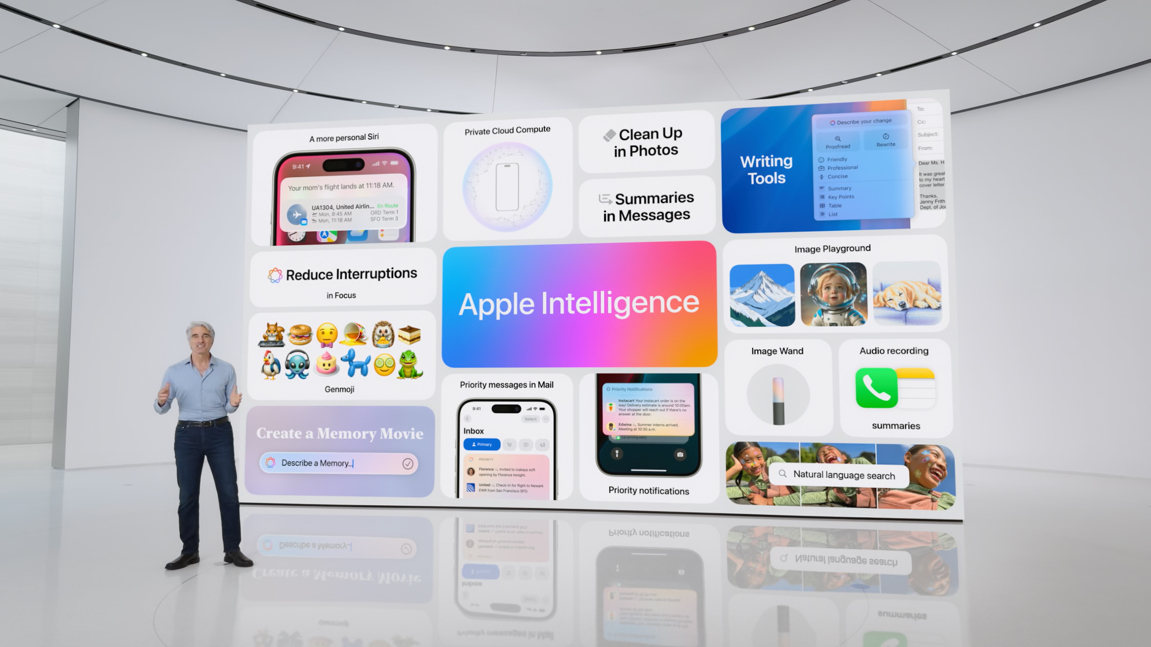 still frame from WWDC keynote presentation with Craig in front of the bento wall of AI features.
